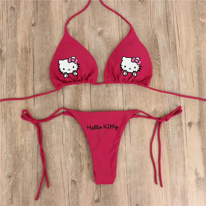 Y2K Hello Kitty Sexy Bikini Set Summer Kawaii Kuromi Melody Beach Soft Side Strappy Panties Swimsuit Cute Girl Cartoon Swimsuit view 4
