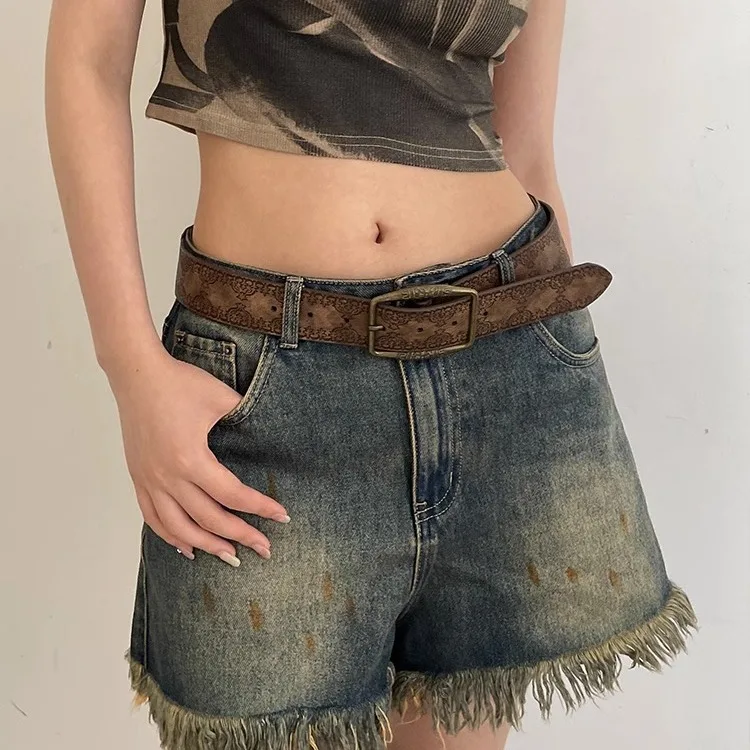 Vintage Embossed Faux Leather Belt Retro Bronze Buckle Distressed Waist Strap Ethnic Stylish Decorative Matching Jeans Outfits