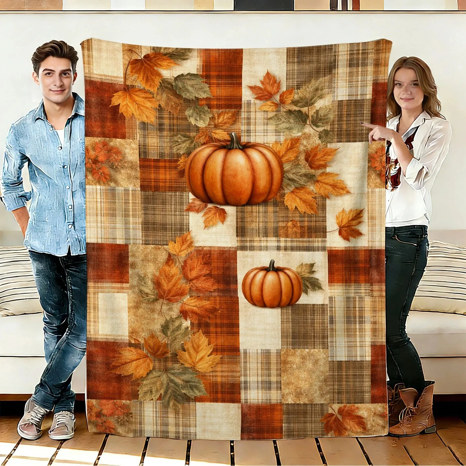 Pumpkin Maple Throw Blanket Cute Autumn Harvest Leaves Cozy Bed Blankets Luxury Decor for Sofa Couch Bed Living Room