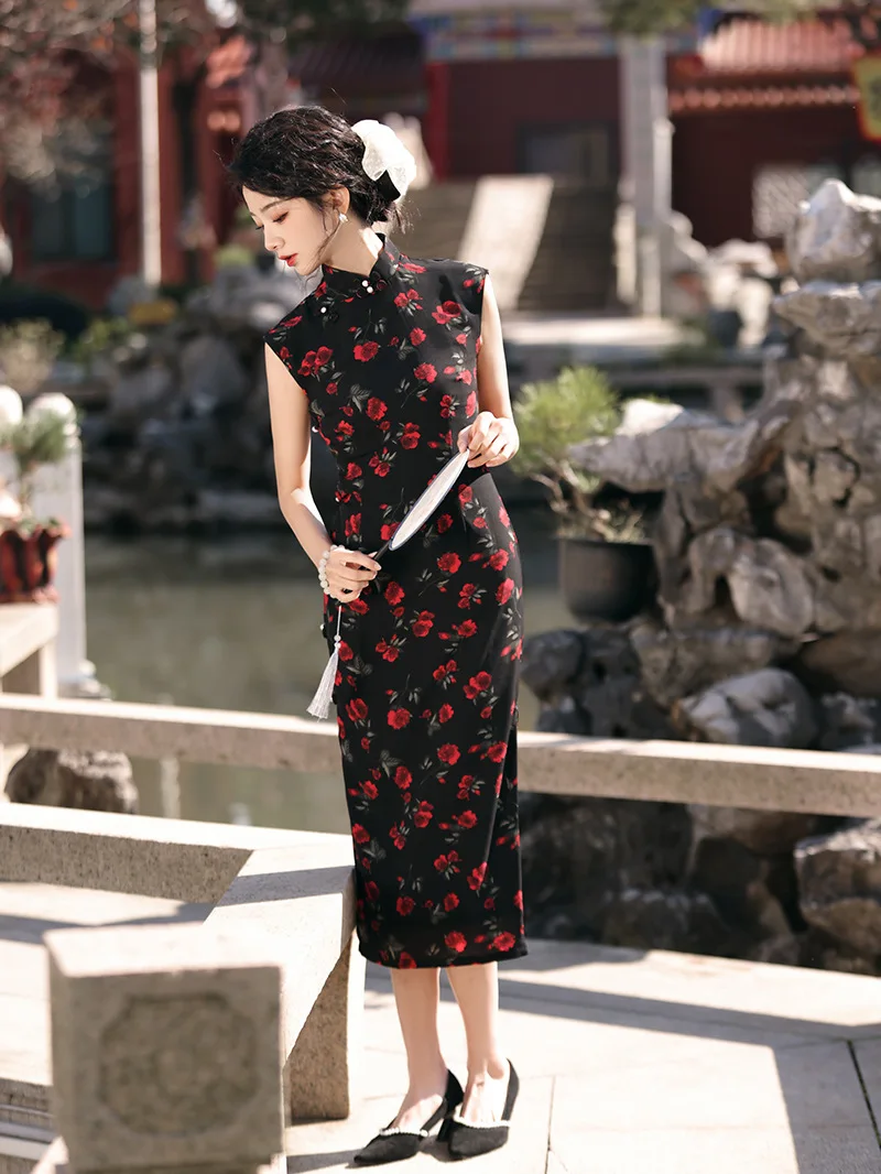 Mandarin Collar Satin Party Dress for Lady, Floral Print, Flower Cheongsam, Vintage Button, Sleeveless Qipao