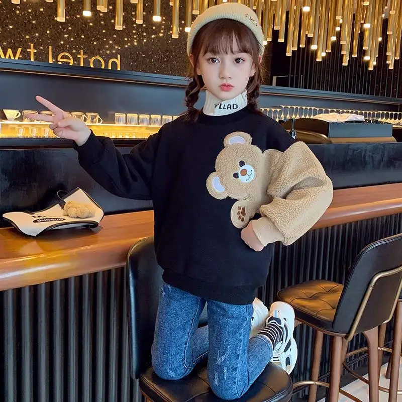 2023 autumn winter girls Sweatshirt hoodie Kids Fleece bear print teens t shirt Child plus Velvet clothes new 5 6 7 8 10 12 year