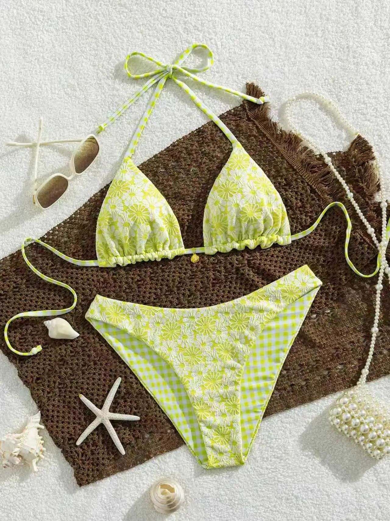 sexy green daisy flower pattern plaid bikinis sets two pieces metal shell swimsuits bathing suit swimwear biquini tankini