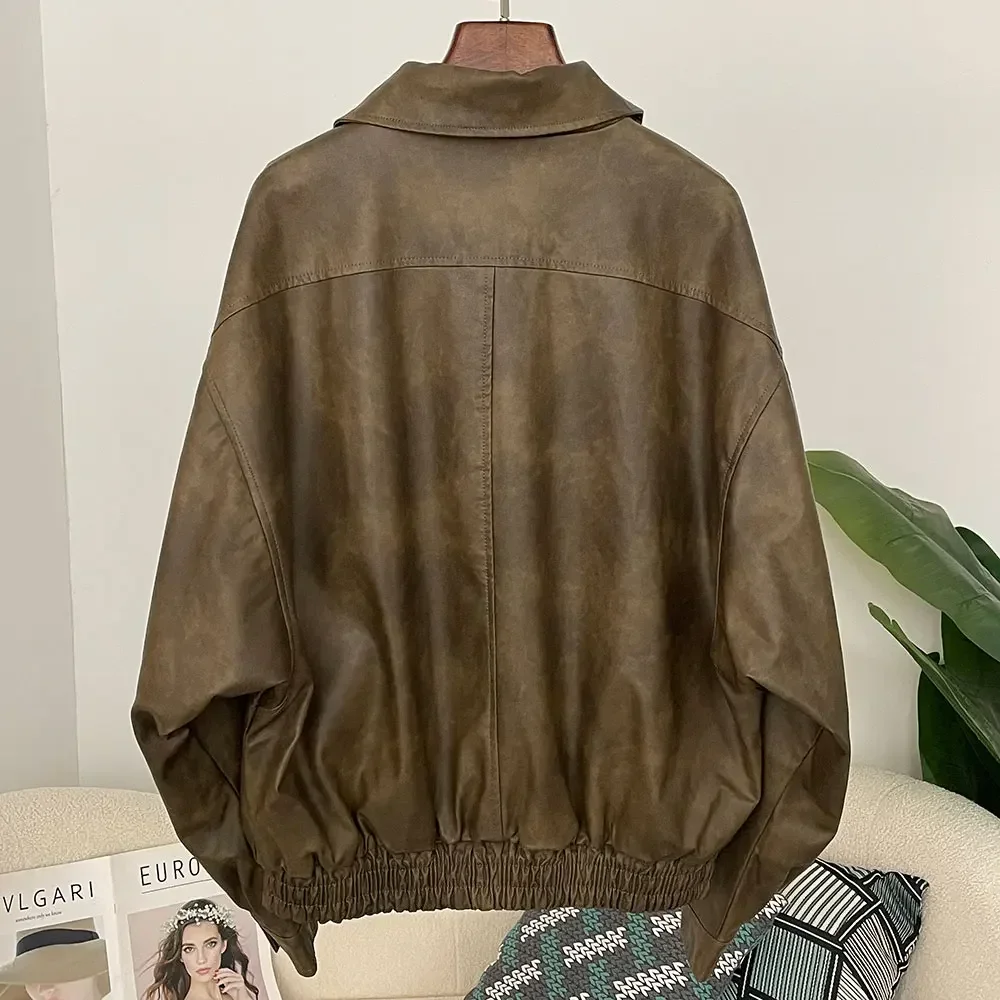 Premium Vintage PU Leather Daily Simple Clean Coat Women's Artifical Leather Jacket Casual Streetwear Fashion New Outerwears