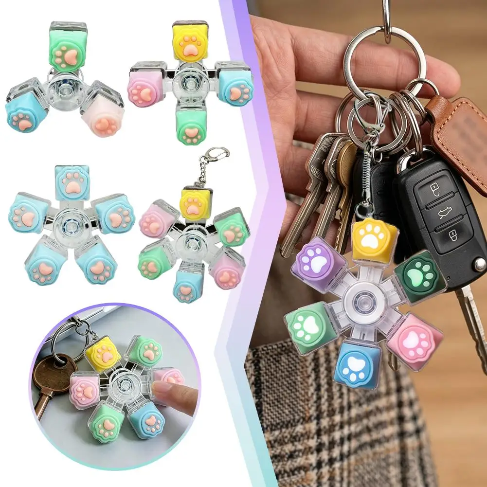 Cute Cat Paw Clicker Fidget Spinner Keychain, LED Light Glowing Stress Relief Toy, Portable Anxiety Relief Keyring