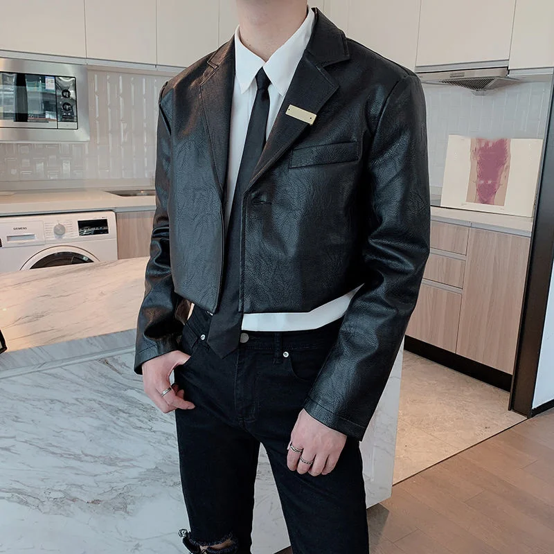 Men's Korean Sheet Metal Spliced PU Leather Blazers New Loose Notched Single Button Short Suit Jacket Tide Spring 2022