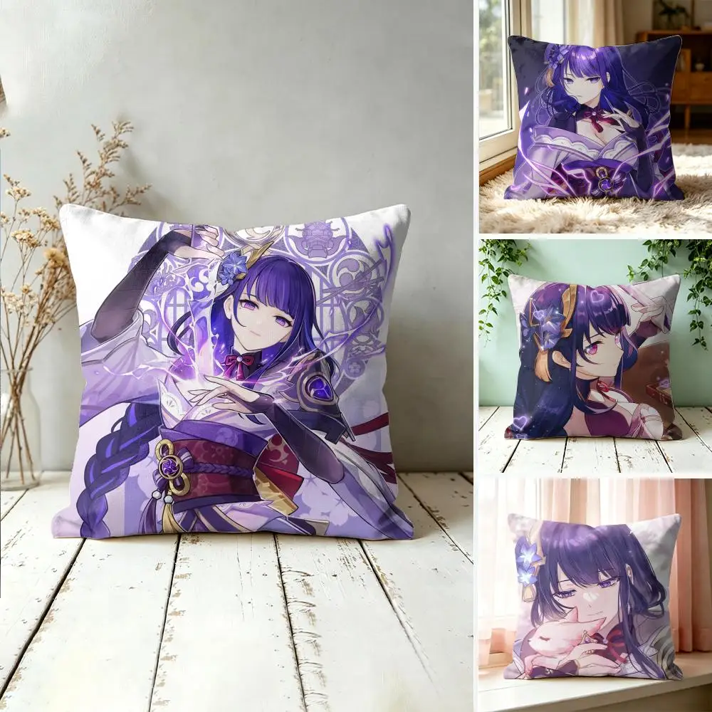 Raiden Shogun Genshin Impact Cushion Cover Square Short Plush Pillow Case Living Room Sofa Home Decor Funda 40X40