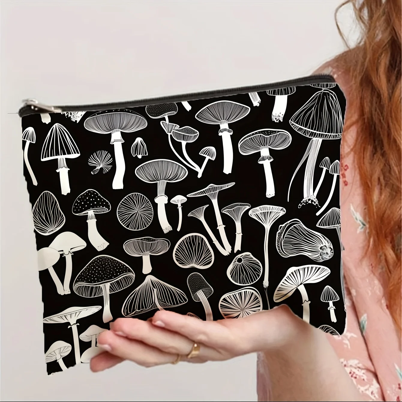 세련된 흑백 버섯 무늬 화장품 가방 - 다기능 지퍼 파우치, 보석 보관 가방