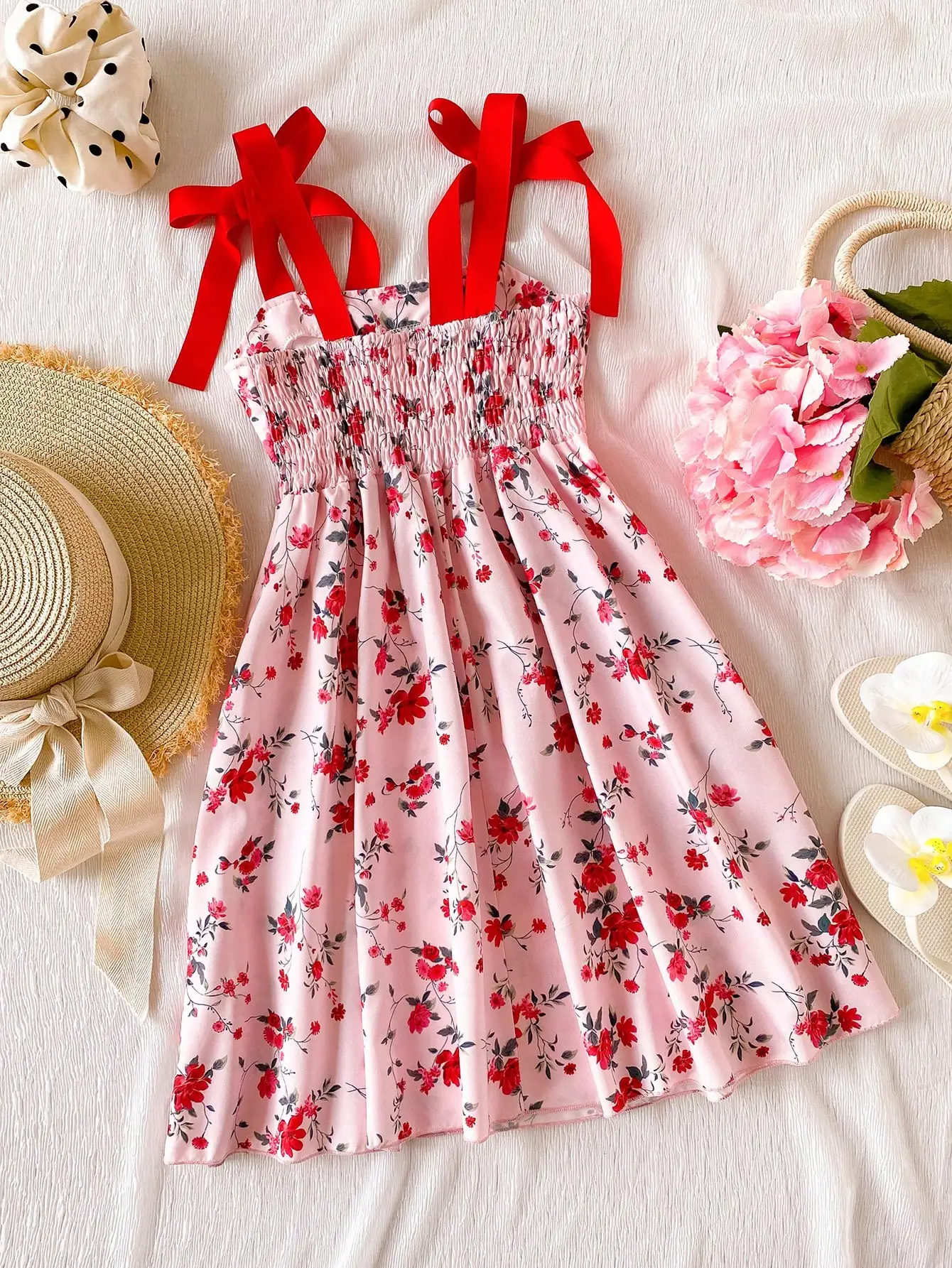 

Sparklyn Summer Tween Girl Floral Print Strap Dress, Elegant Vacation Dress With Ruffle Hem And Bow Shoulder Straps, A-Line Silhouette, Suitable For Outings, Vacation, And School, Spring/Summer Bohemian Dress