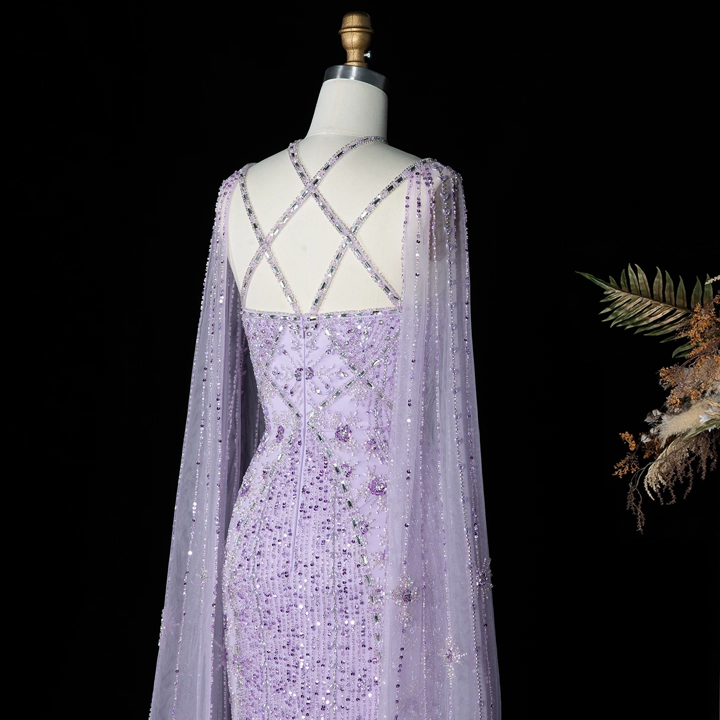 Sharon Said Dubai Champagner Meerjungfrauen-Abendkleider mit Cape-Ärmeln Aqua Criss Cross Flieder Hochzeits-Partykleid SS391 Maßanfertigung – Detail 18