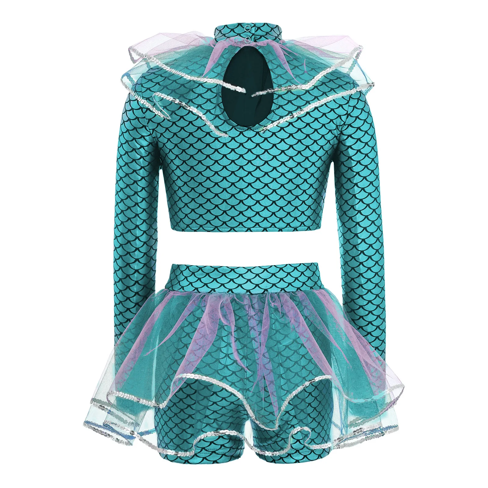 Girls School Show Mermaid Cosplay Costume Fish Scales Print Mesh Sequins Crop Top + Shorts Set Performance Party Costume Outfit