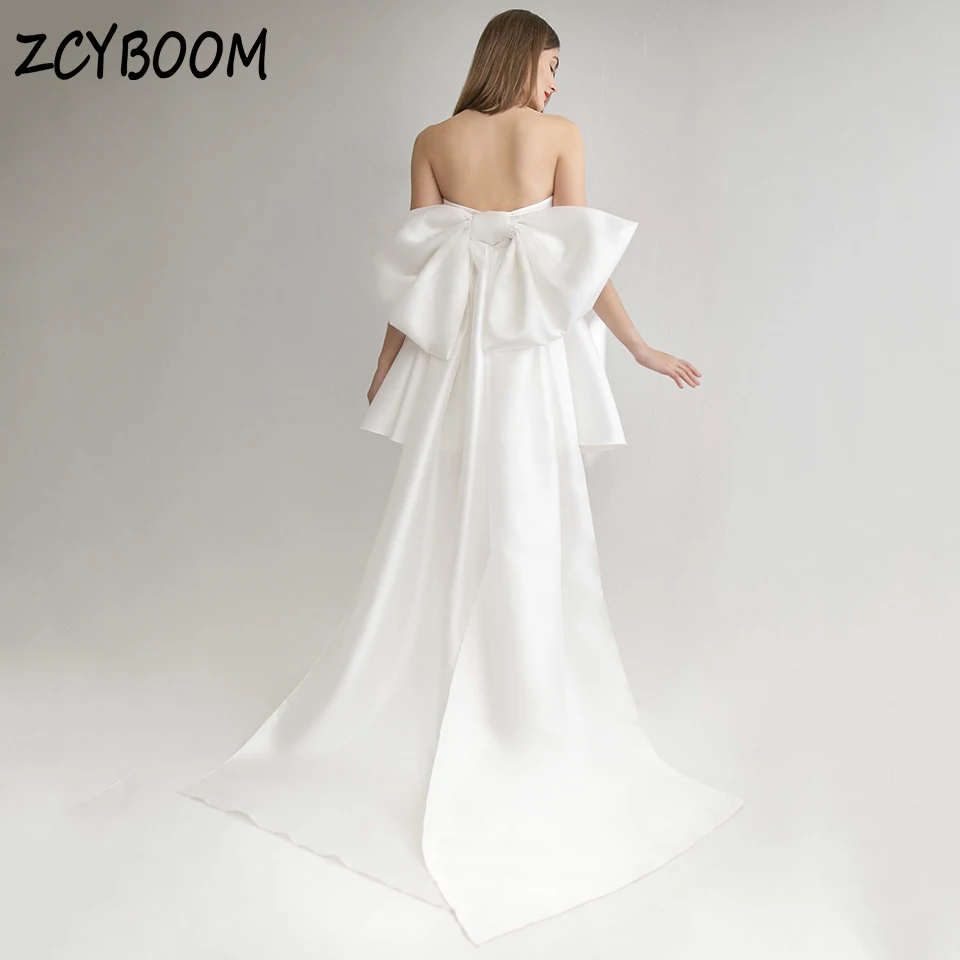 Charming Backless Strapless Bow Sleeveless Wedding Party Dress 2024 A-Line Floor Length Knee Length Custom Made Bridal Gown