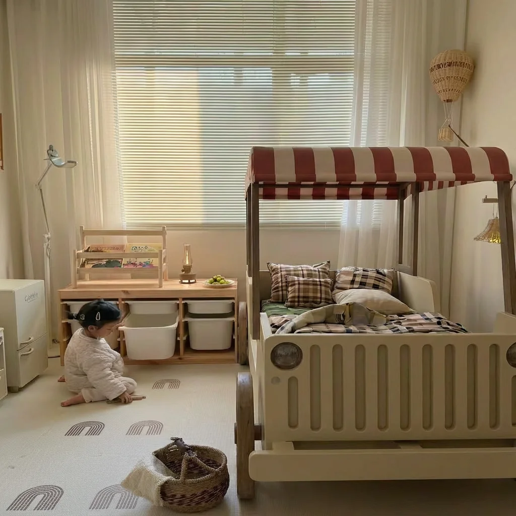 Car bed log wind children's bed boy with guardrail bedroom antique small apartment log boy's