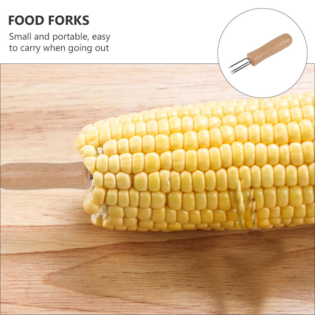 

10pcs Three-Toothed Wooden Handle Corn Forks Stainless Steel Barbecue Tools Portable Food Holders for Corn Steak Fruit
