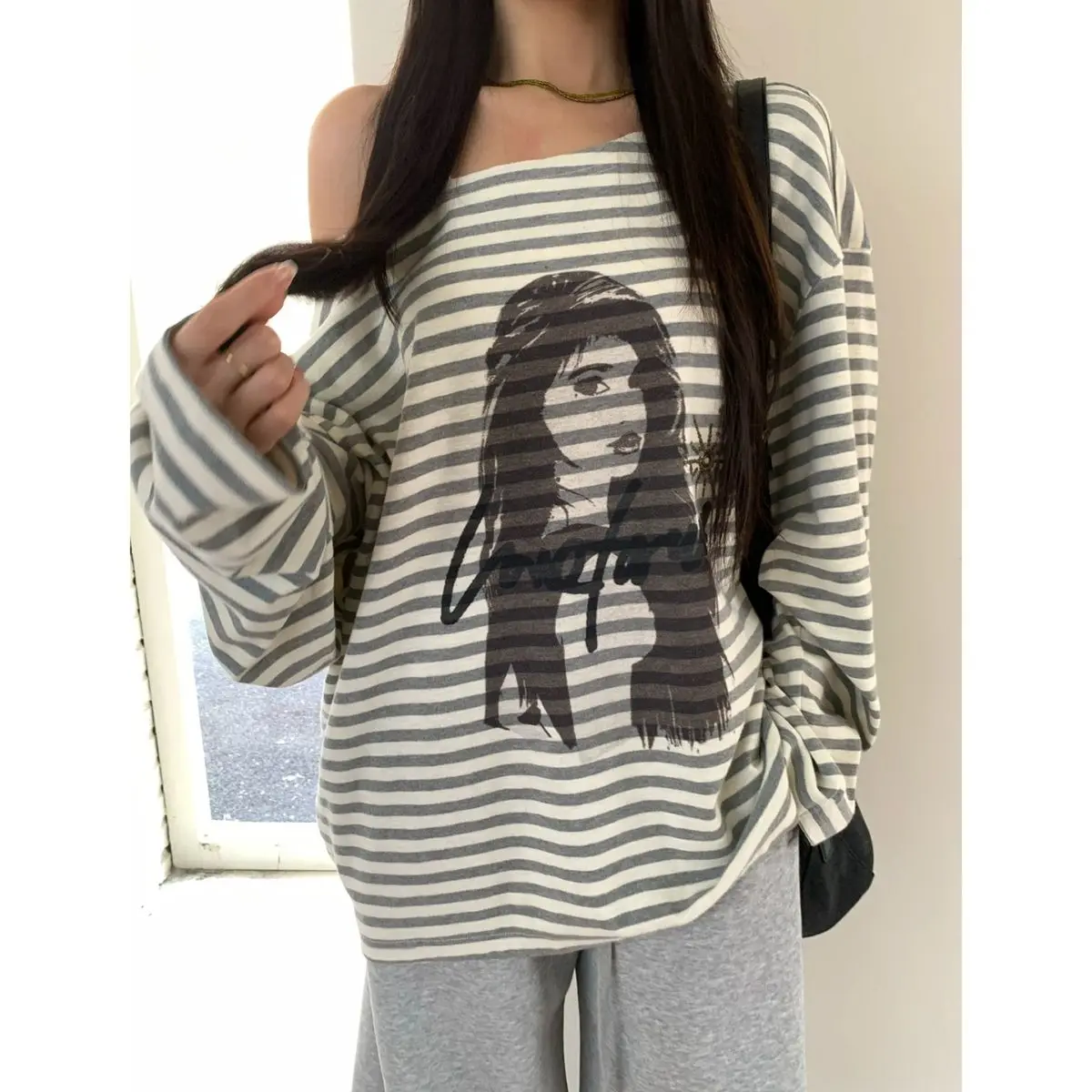 Women 2026 Summer New Diagonal Shoulder Loose Striped Long Sleeve Tee Print Hot‑fix Fashion Shirts