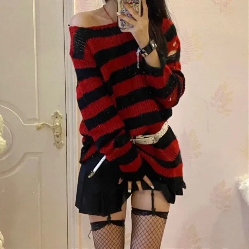 New Punk Gothic Long Unisex Sweater Summer Women Striped Cool Hollow Out Hole Broken Jumper Loose Rock Thin Dark Streetwear Top