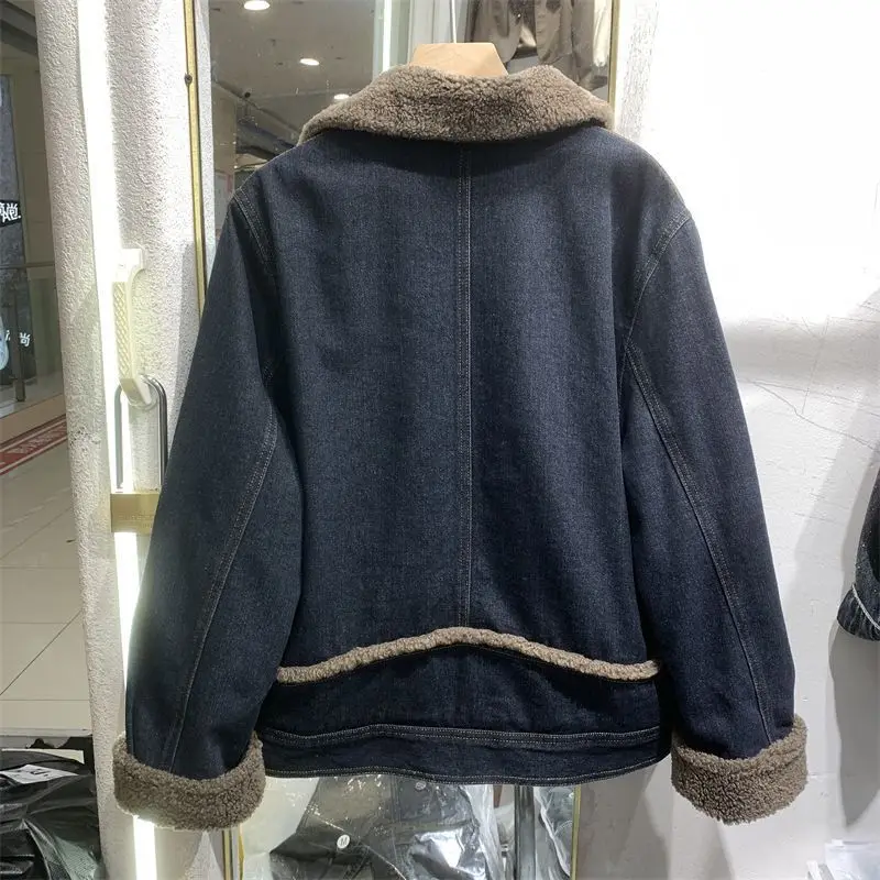Lamb Velvet Denim Jacket Women Clothes Warm Long Sleeve Vintage Jacket Patchwork Short Tops Korean Fashion Coat Button Pockets