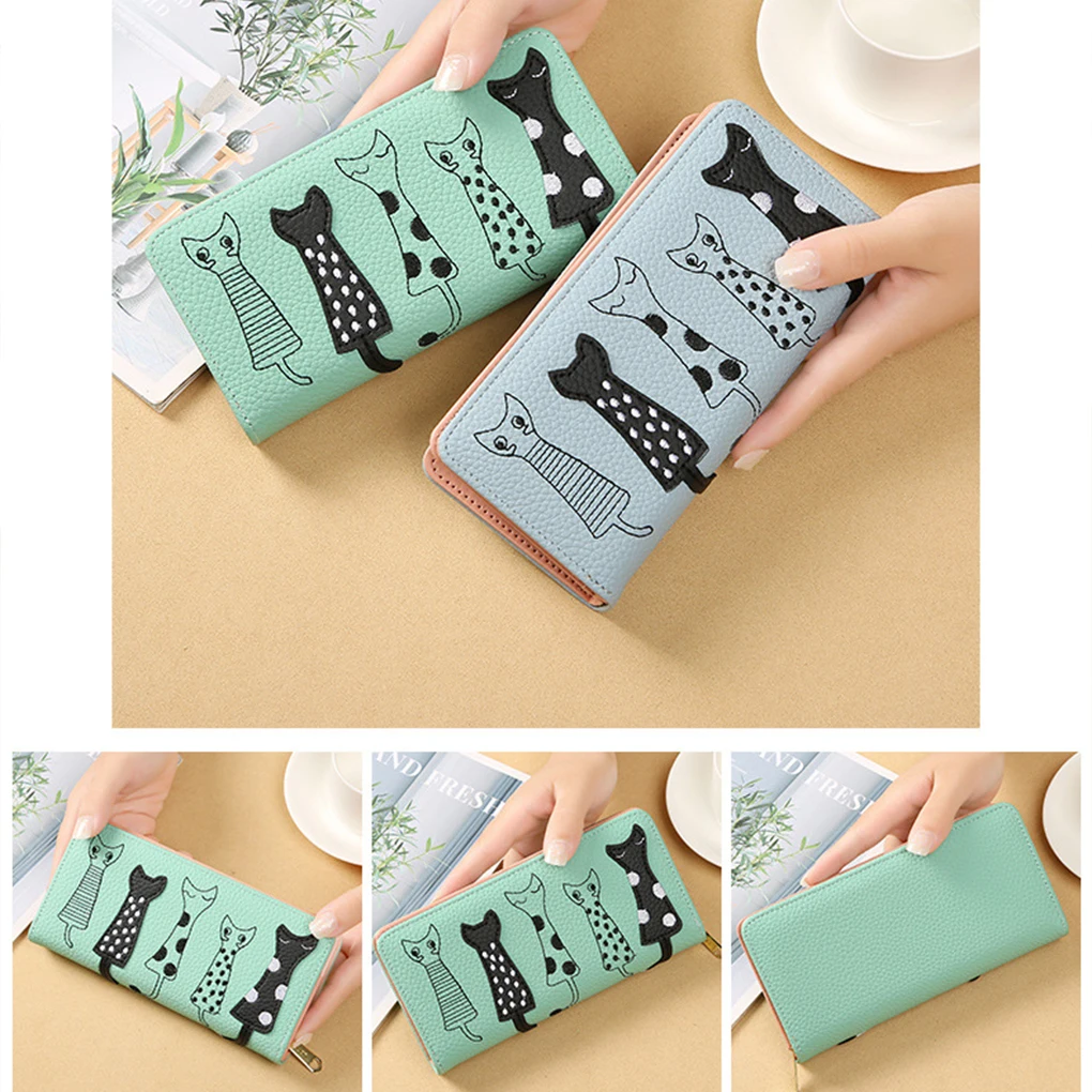 Women Long Wallet Cat Cartoon Cash Phone Card Holder Embroidery Threads Multi-card Soft PU Leather Purse Green