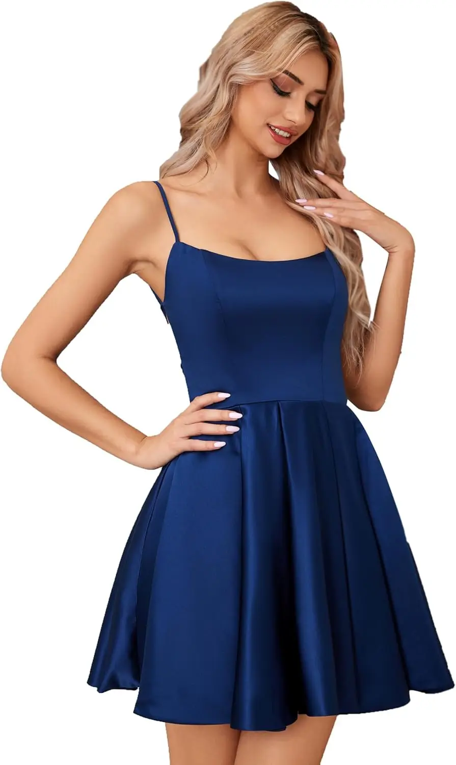 

Атласная мини-юбка с открытой спиной, короткая с карманом, коктейльное танцевальное платье на бретельках, женское платье трапециевидной формы с открытыми плечами для выпускного вечера