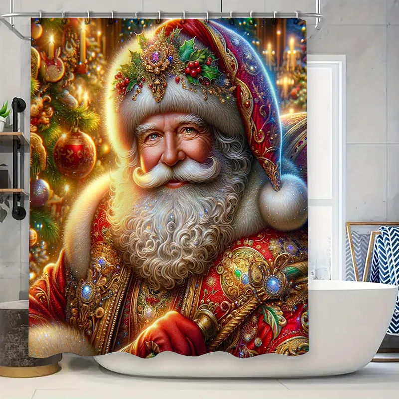 Royal Santa Claus Shower Curtain with Scepter and Glittering Christmas Tree, Luxurious Red and Gold Festive Bathroom Decor