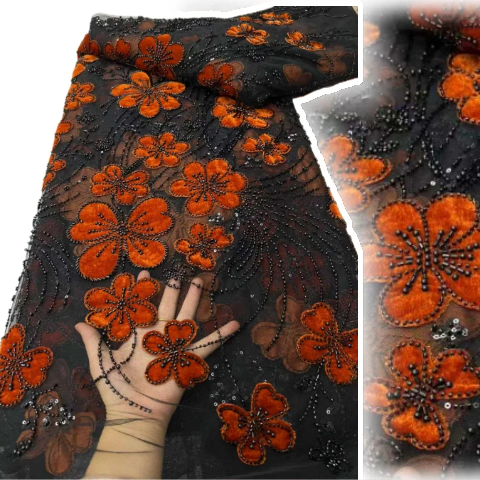 

African Lace Fabric 2025 High Qulity Beads Sequins Embroidery Velvet Fabric Fall and Winter for Women Evening Party Dress T1699