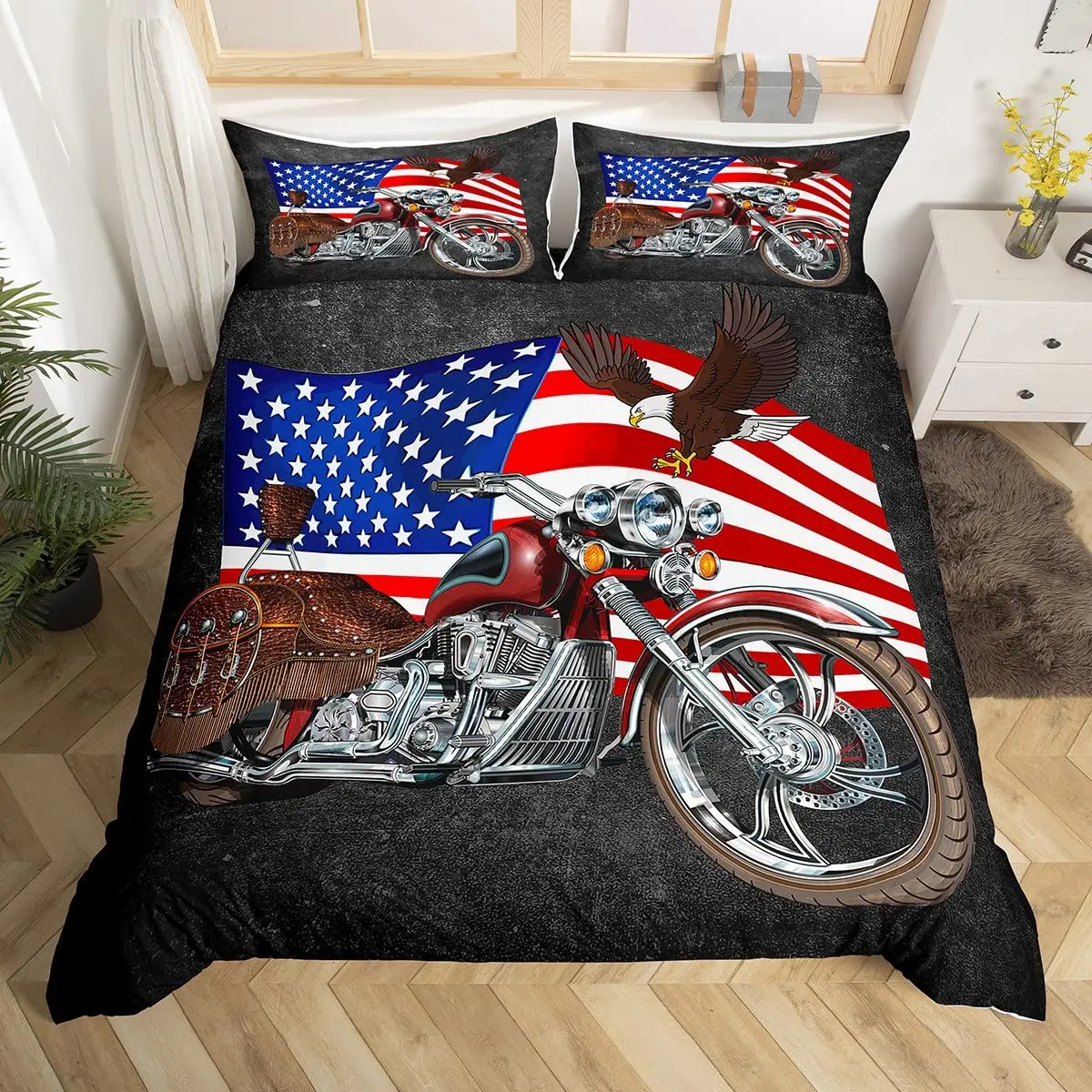 

American Flag Duvet Cover,Bald Eagle Bedding Set Comforter Cover for Kid Teen Boy,Quilt Cover with 2 Pillowcases Queen King Size