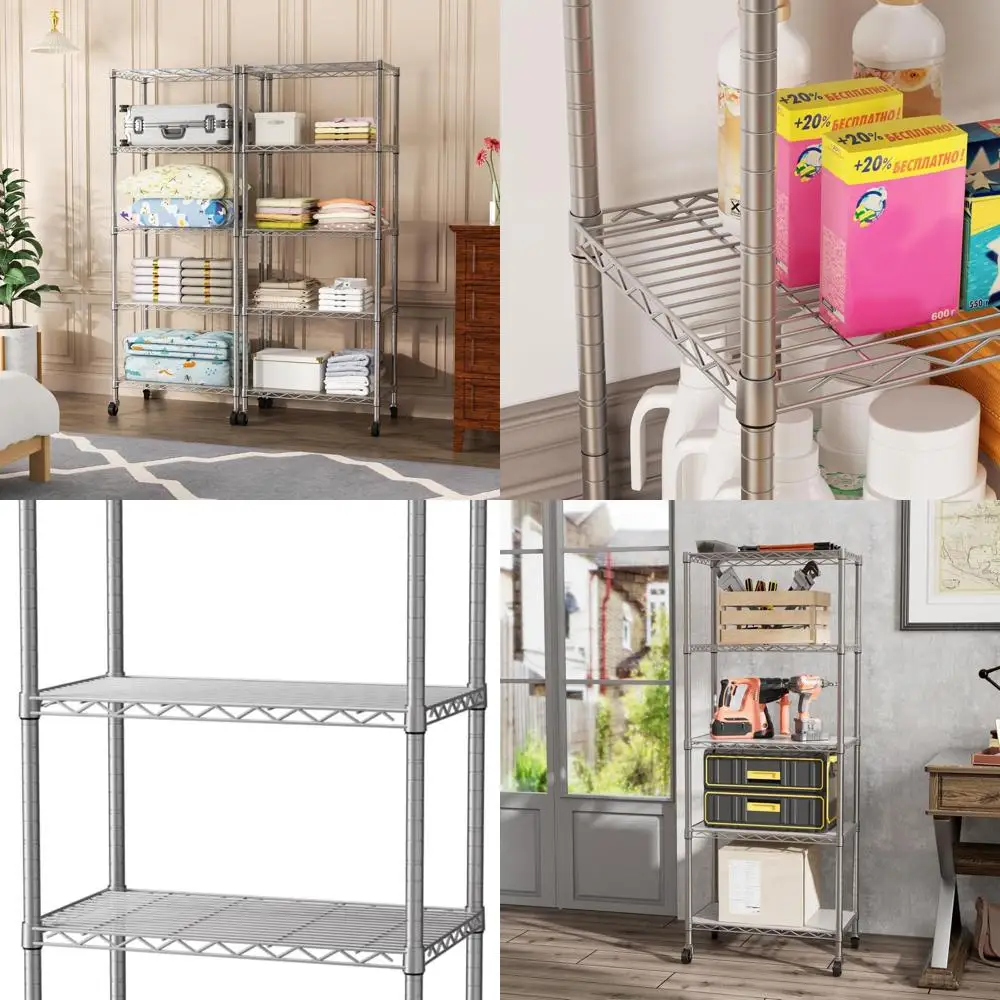 

Wire Mesh 5-Shelf Closet Organizer with Wheels for Kitchen, Bathroom, Laundry - White