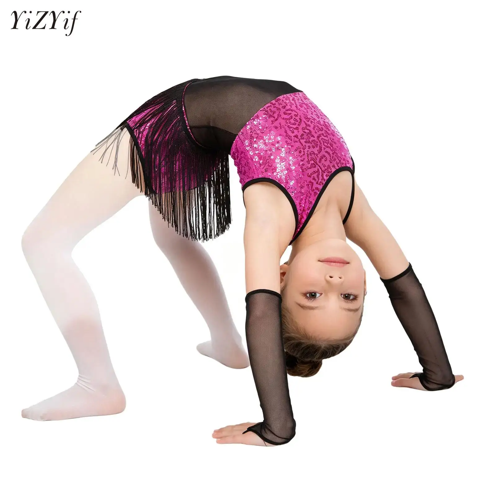 

Kids Girls Latin Dance Performance Costume Glittery Rhinestones Sequins Tassel Leotard Tango Rumba Ballet Salsa Fringe Bodysuit