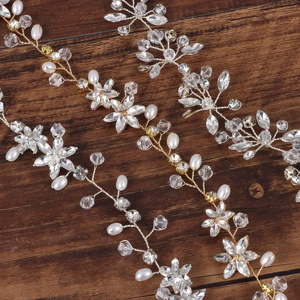 

Women Hair Accessories Handmade Pearl Hair Vine Headwear Bride Headbands Rhinestone Tiaras Hairband