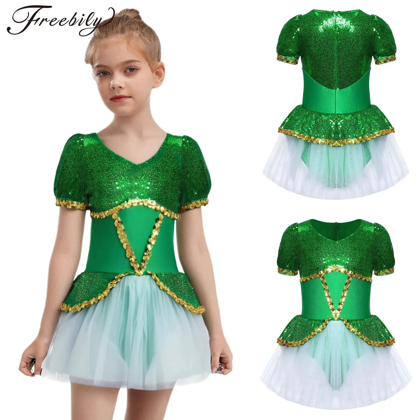

Girls Flower Fairy Costume Halloween Carnival Party Princess Cosplay Dress Short Sleeve Sequins Mesh Ballet Dance Tutu Leotard