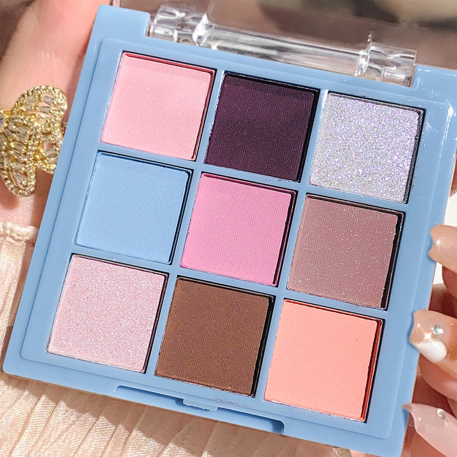 Paleta de sombras de ojos Moon Goddess de 9 colores, resaltador de Flash fino mate, tono frío, azul, rosa, Utopia, paleta de colores de sueño misterioso