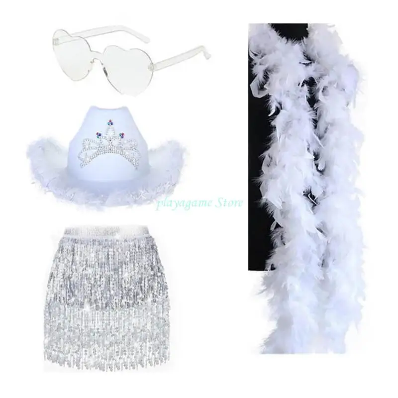 Y88A Omzoomd Cowboy Hoeden Sjaal Zonnebril Taille Riem Set Vrouwen Muziek Festival Dress Up Kostuum Vrijgezellenfeest Pak