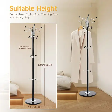 66.9in Black Tree Coat Hat Rack w/ 17 Hooks, Floor Standing Umbrella Storage Stand for Bedroom Entryway, Space Saving Organizer