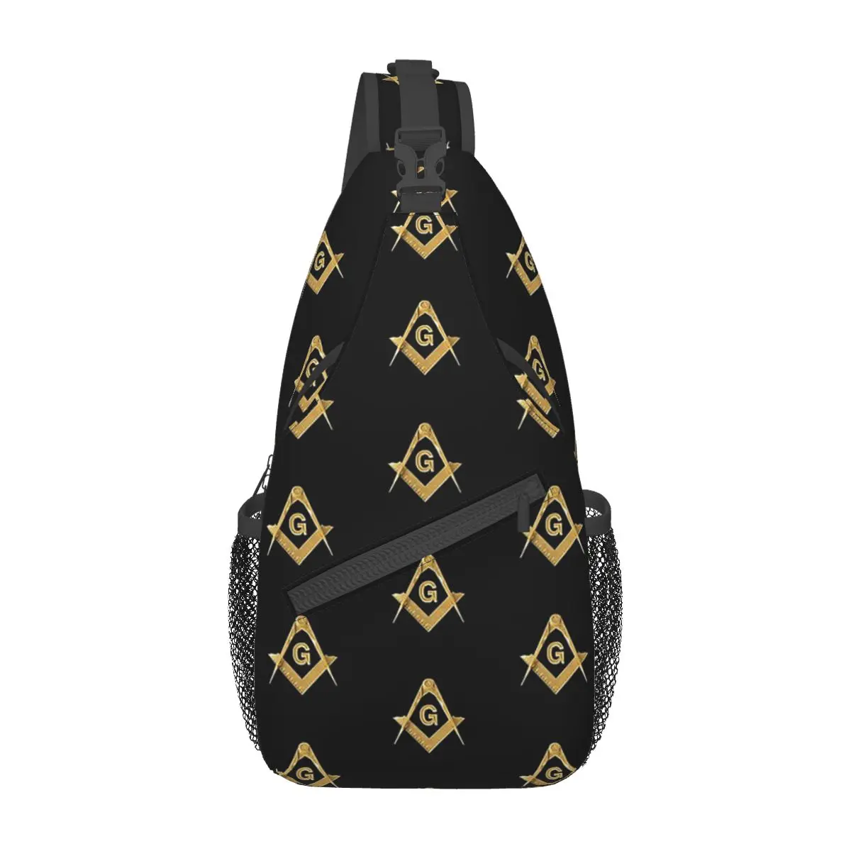 Freemason Pattern Sling Bags Chest Crossbody Shoulder Sling Backpack Hiking Travel Daypacks Gold Black Square Masonic Men Women