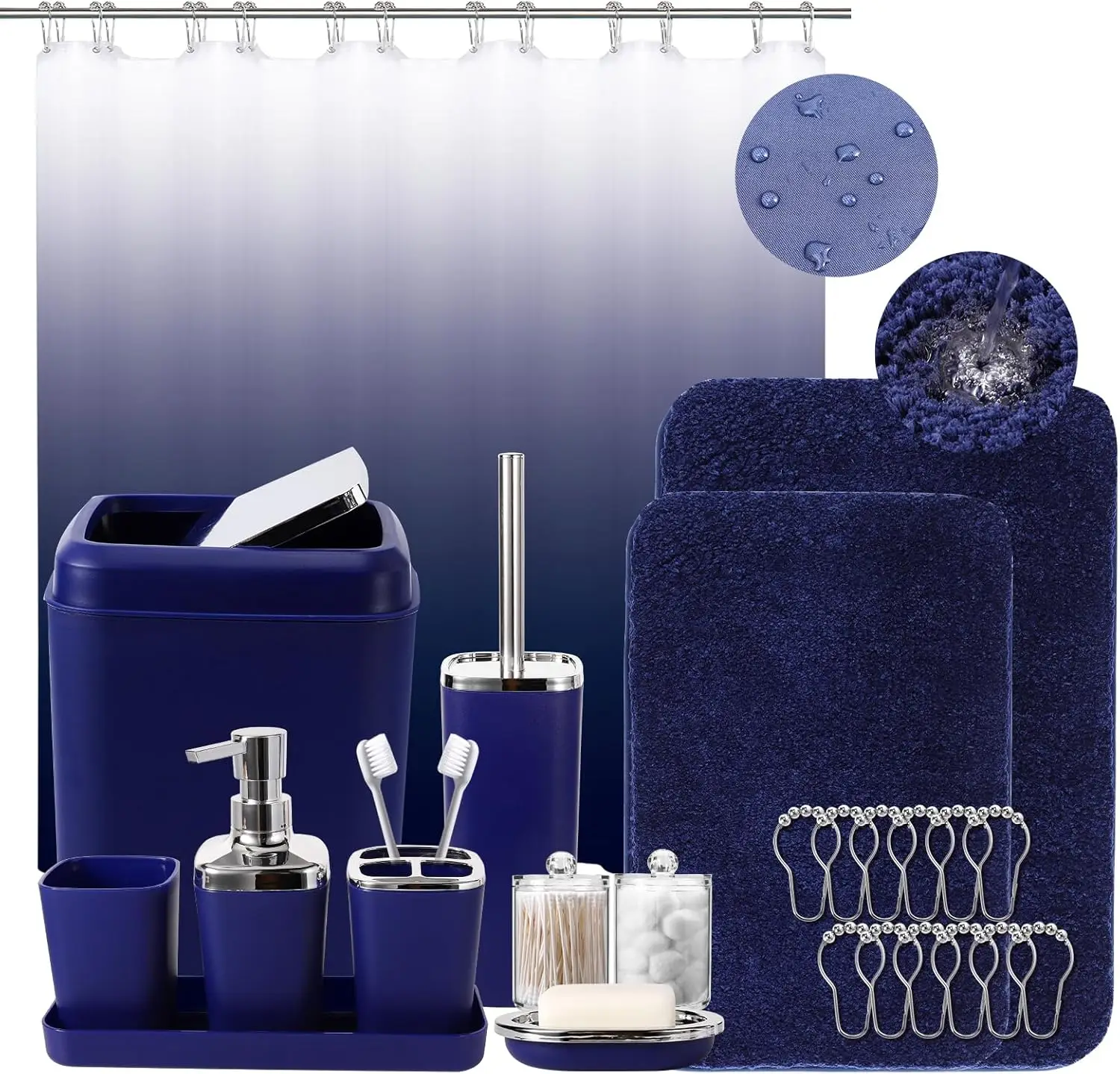 

24-Piece Navy Blue Bathroom Set with Shower Curtain, Rugs, Trash Can, Soap Dispenser & More for Complete Decor