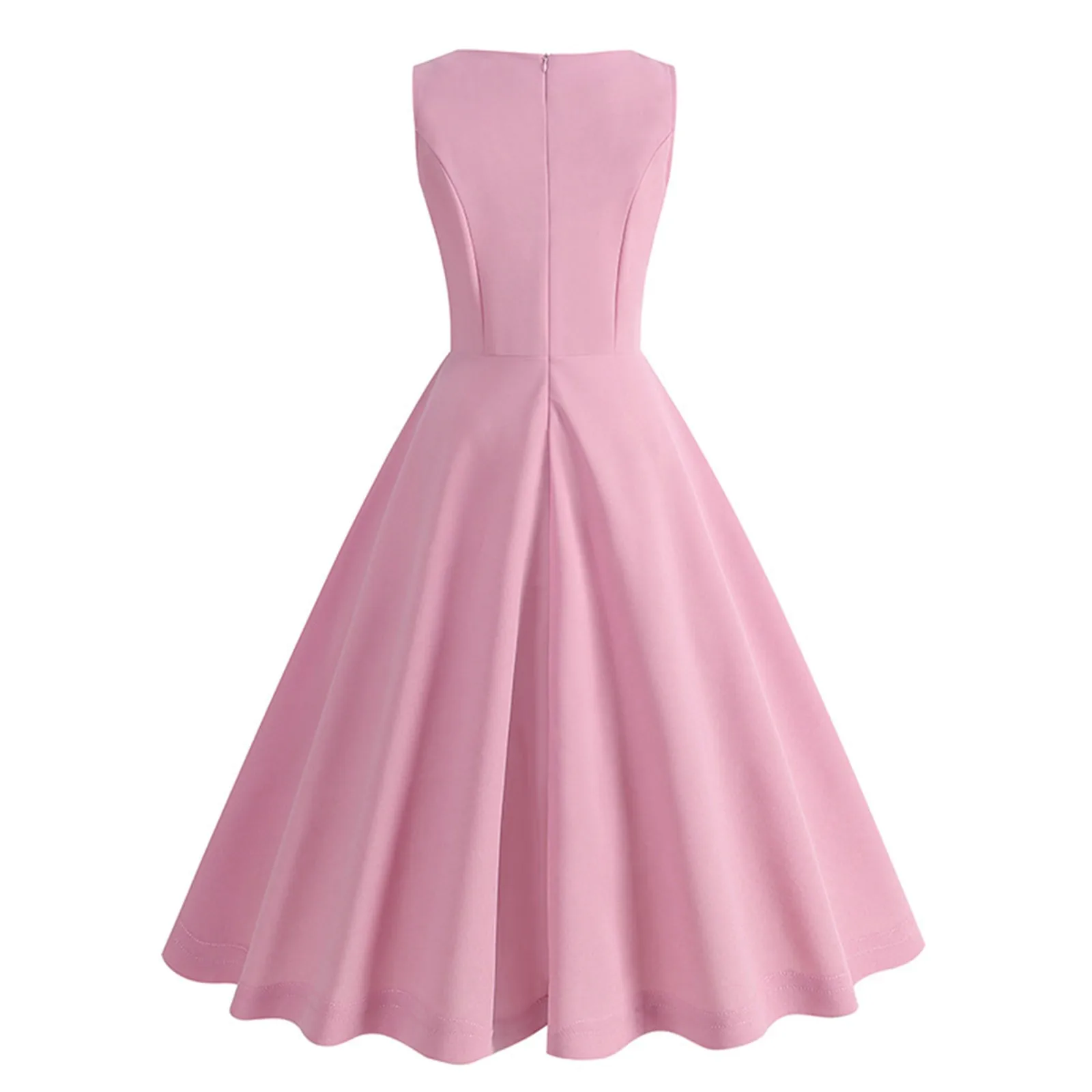 Retro Pink Women Midi Dress Solid Color Sleeveless Swing Dresses Round Neck Party Dress Robe Femmes