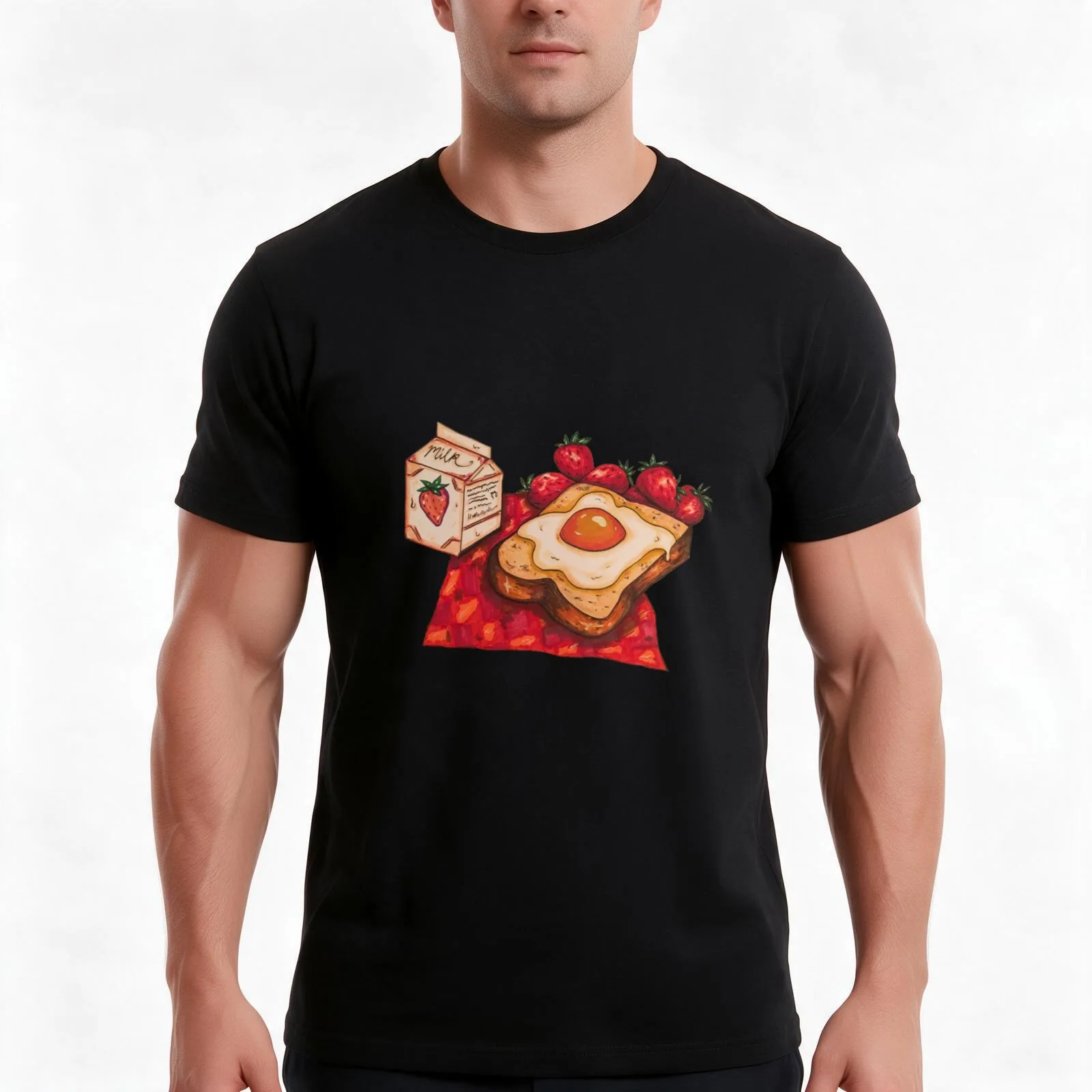 Egg Toast Milk and Strawberries T-Shirt Summer Casual Cotton Tee Oversized Streetwear Tops Vintage Graphic Print
