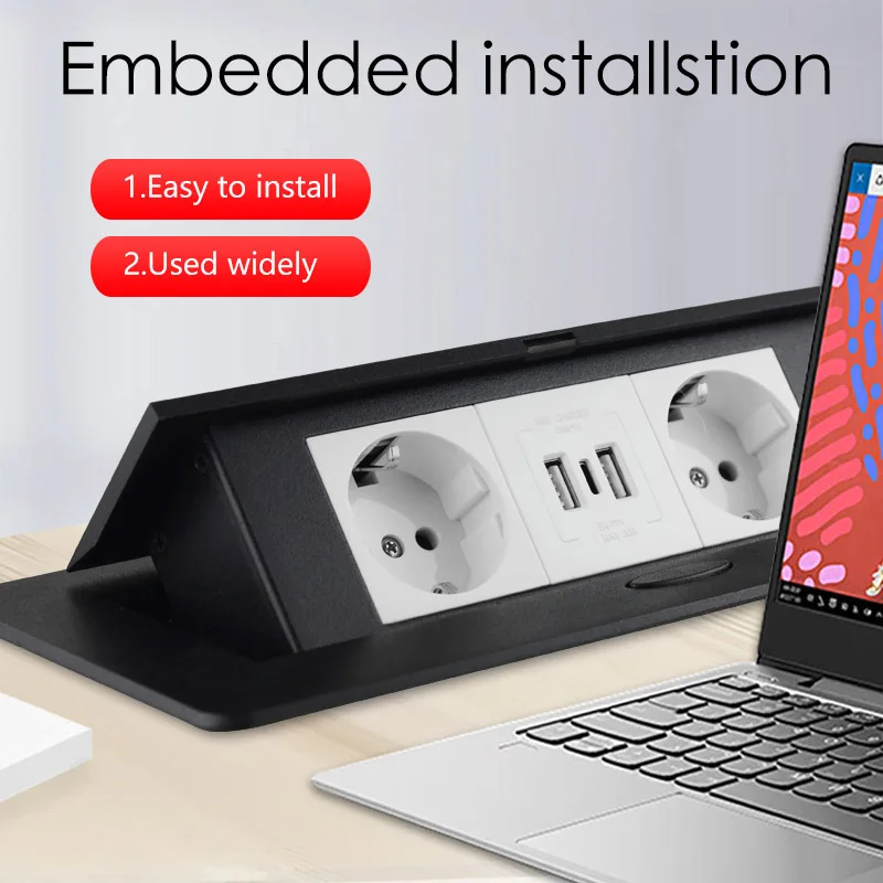 EU Hidden PoP Up Table Socket Desktop 2 3 Outlet with USB Office Kitchen Cabinet Desktop Aluminum Frame Power Electrical Sockets