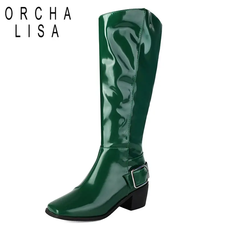 

ORCHA LISA 2025 Shiny Female Knee High Boots Square Toe Block Heels 5cm Zipper Belt Buckle Big Size 41 42 43 Fashion Dating Bota