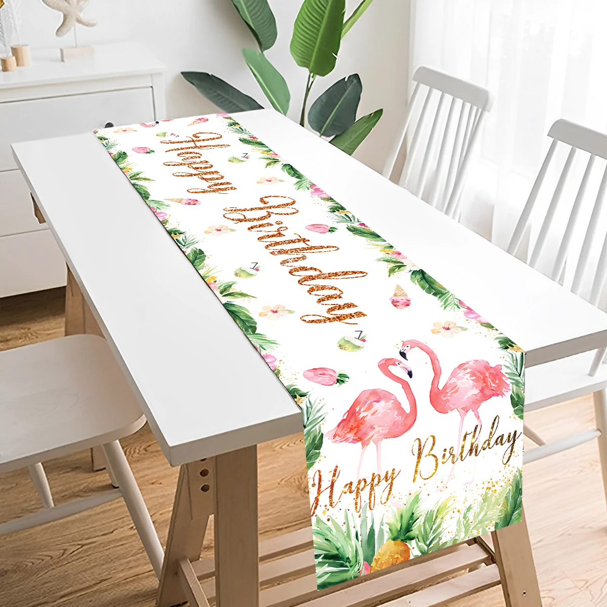 

Summer Flamingo Table Runner Tropical Leaf Kitchen Table Cloth Hawaii Theme Happy Birthday Party Decorations Kids Table Cover