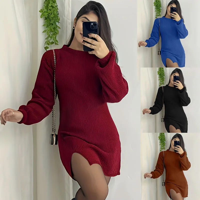 Fashion O-neck Long Sleeve Knitted Mini Dress Women Autumn Winter Casual Sweater Office Ladies Dresses For Women Robe Femme