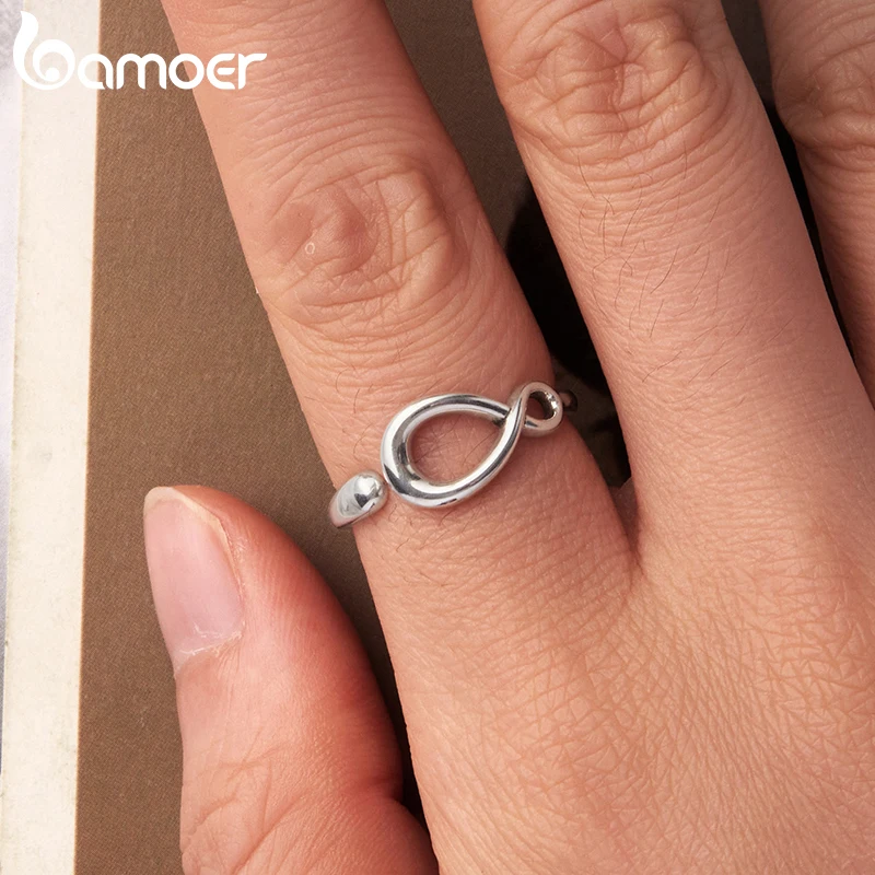 BAMOER 925 Sterling Silver Infinite Sleek Open Ring, Twisted Love Ring for Women Girls Minimalist Birthday Dating Jewelry Gift