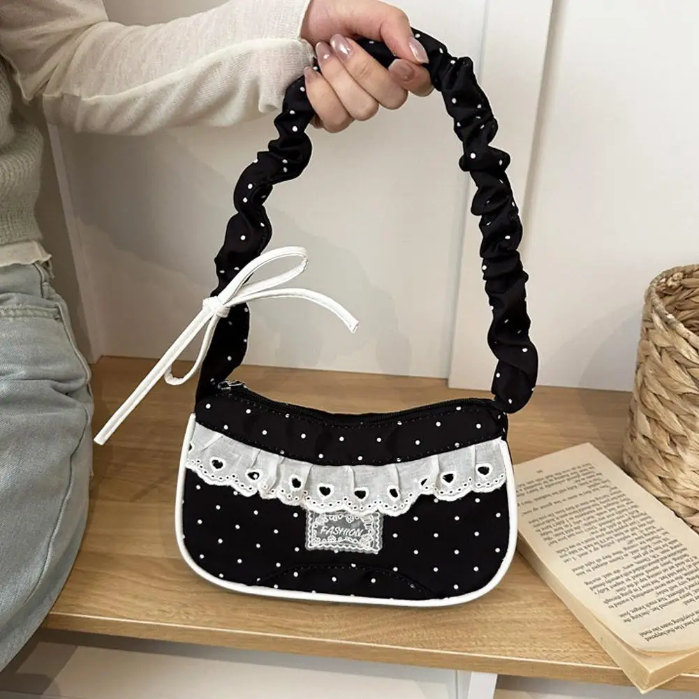 Niedliche Spitzen-Schultertasche mit Tupfenmuster, Süße Unterarmtasche mit Schleife, Y2k Mode, Lässige Schultertasche, Umhängetasche – Detail 28