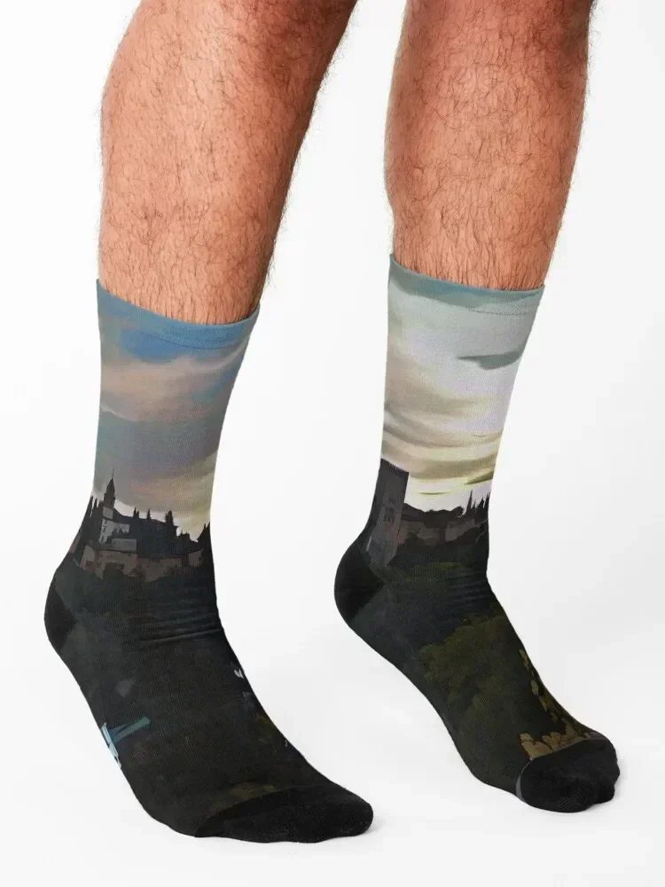 Alhambra at Sunset Illustration Socks hiphop golf Thermal man winter Run Socks For Man Women's