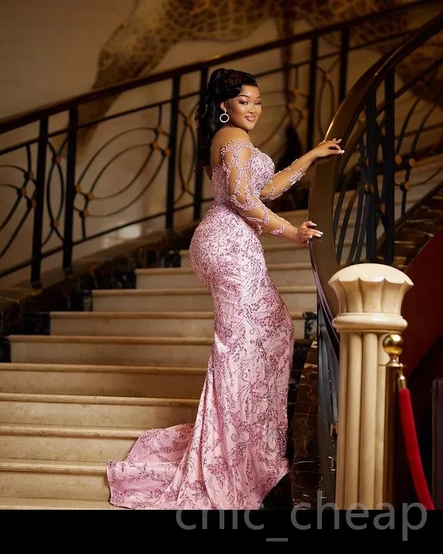 الوردي الأمريكي الأفريقي فساتين لحضور الحفلات الموسيقية حورية البحر طويلة الأكمام الدانتيل مطرز الفتيات السود نيجيريا رداء دي سواريه ثوب مسائي مخصص #2