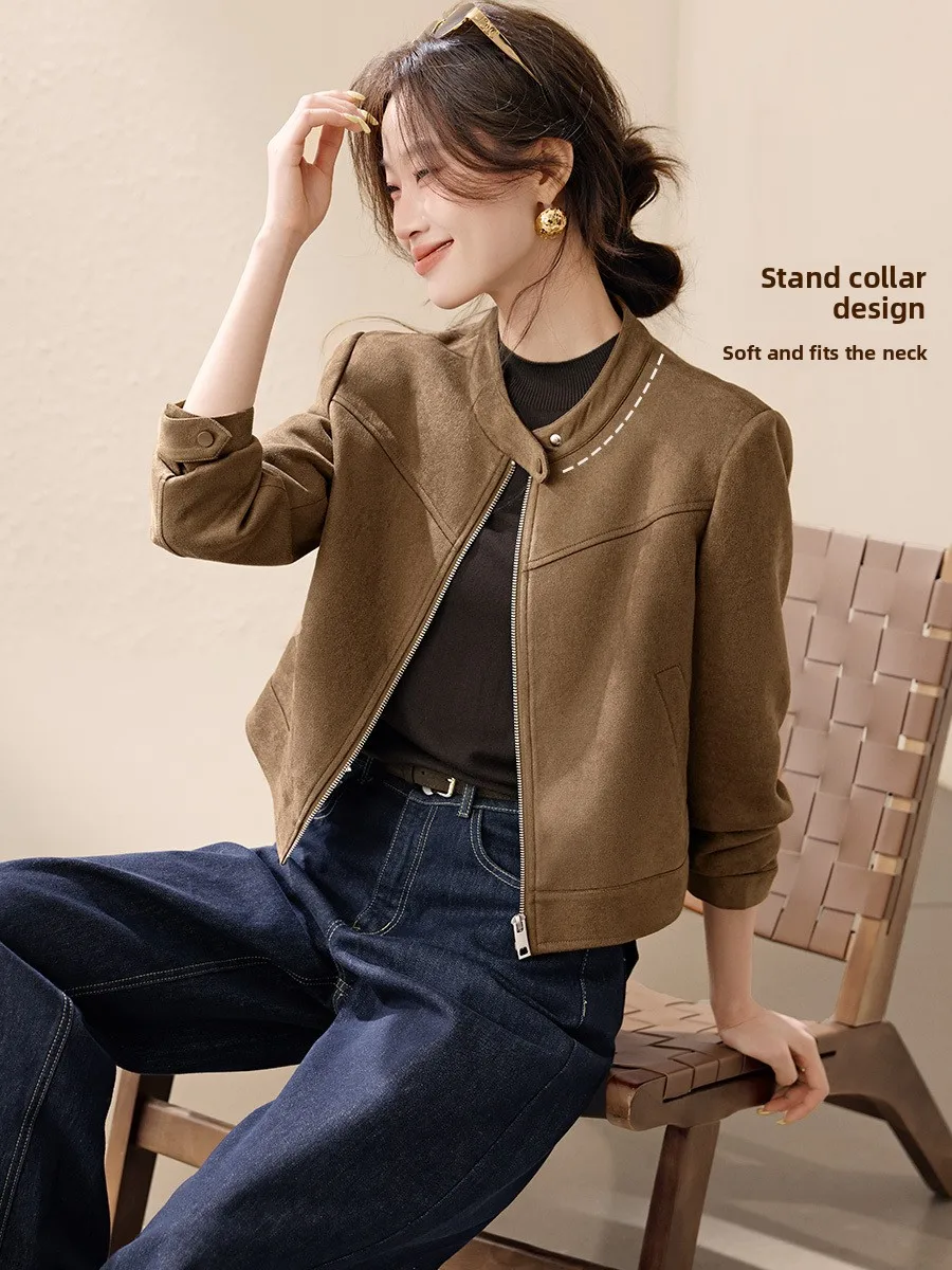 Mo han mei nova york motocicleta sle ultra macio camurça sintética jaet feminino largo oulder ort outerwear outono 2025