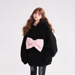 Preppy Style Hoodie Y2k Pullovers Women Kawaii Korean Cat Ear Hooded Sweatshirt Pink Bow Sweet Long Sleeve Sudadera Mujer