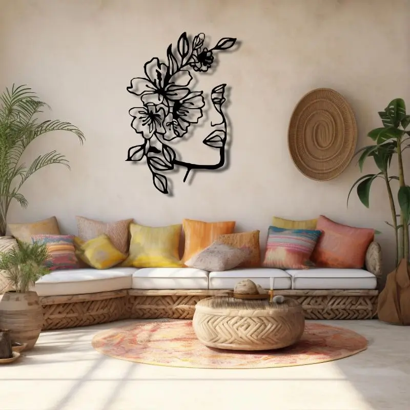 CIFbuy Abstract Metal Wall Art with Woman Face Flowers Iron Decor for Home Living Room Bedroom Interior Hanging Artwork