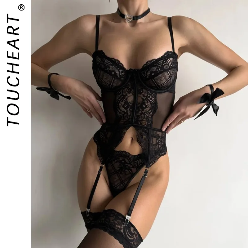

Toucheart Erotic Lingerie Lace See-through Patchwork Sexy Body Shaping Pure Desire Flirt Hollow Women Private Hot Underwear Set