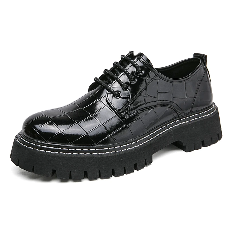

Men's British Style Embossed Croc-Textured Leather Shoes, 5CM Height Increase Formal Footwear for Weddings/Business Events