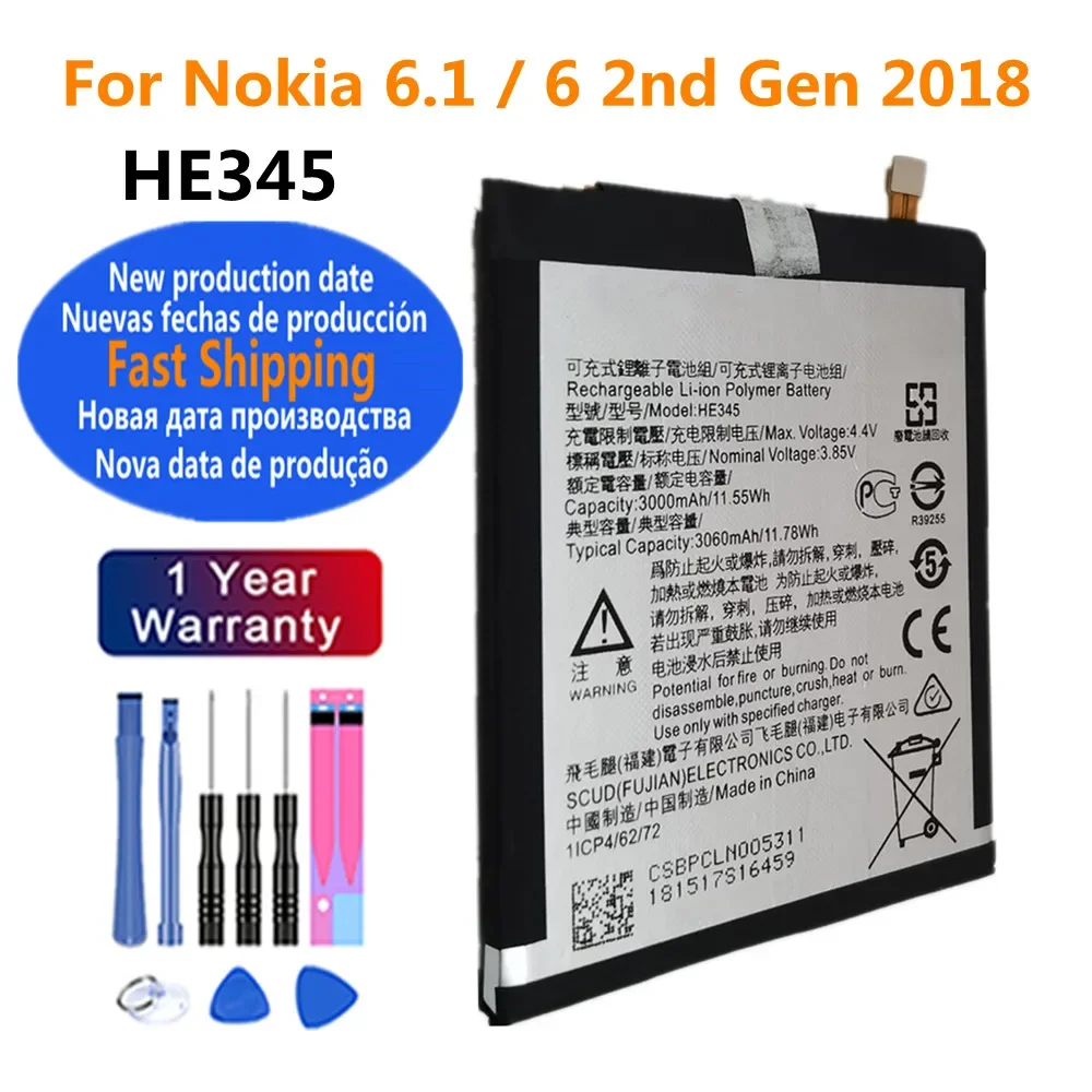 3060mAh HE344 HE345 HE353 Original Phone Battery For Nokia 6.1 / 6 2nd 6 2018 TA-1054 TA-1043 TA-1050 TA-1068 Batteries Bateria